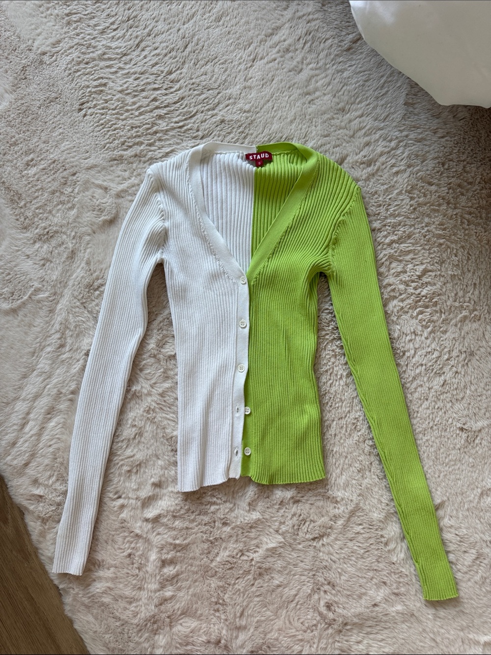 STAUD Two-Tone Ribbed V-Neck Cardigan in White and Lime